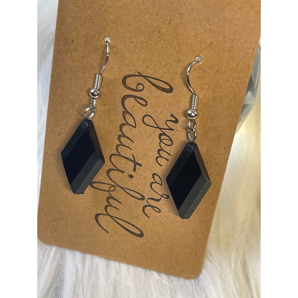Handmade Onyx Diamond Shape Drop Earrings Black Striped Gemstone Dangle Silver